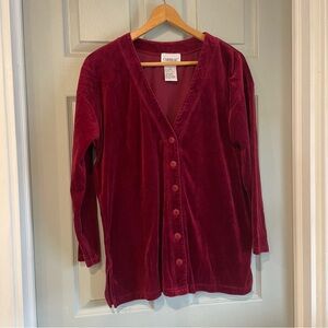 Carreau Sport Women's M Vintage 90s Burgundy Red Velvet Velour Jacket Cardigan